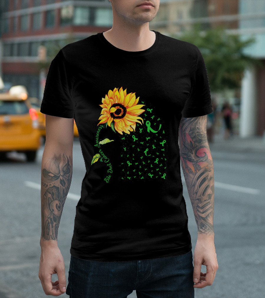 Sunflower Bile Duct Cancer Awareness Ribbon Green T-Shirt