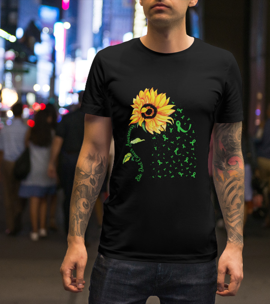 Sunflower Bile Duct Cancer Awareness Ribbon Green T-Shirt