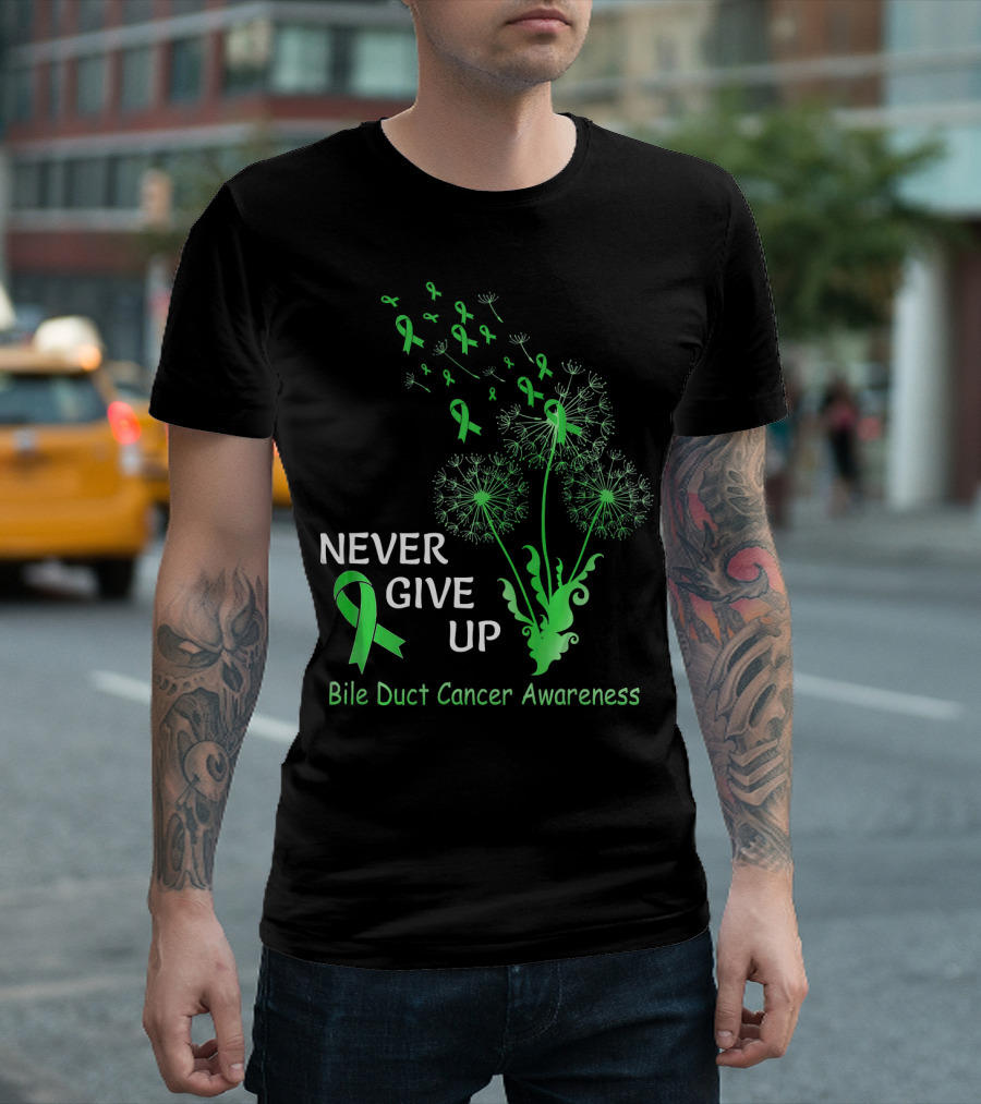 Never Give Up Bile Duct Cancer Awareness Dandelion Green Ribbons T-Shirt