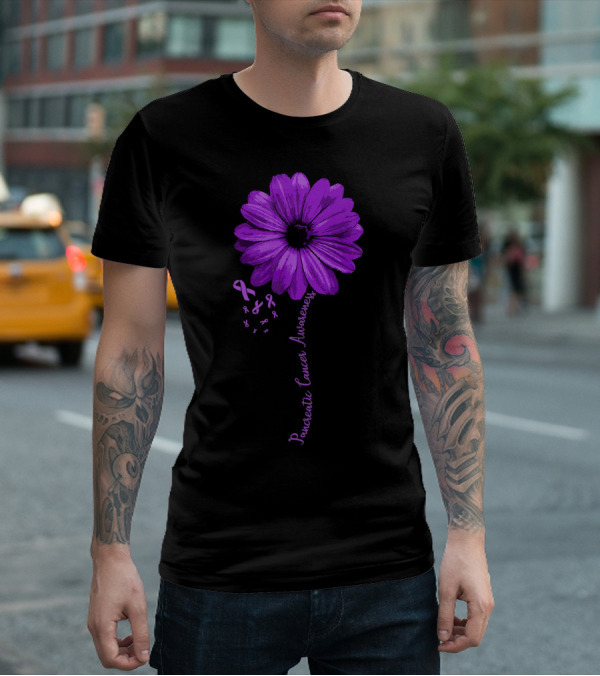 Pancreatic Cancer Awareness Purple Ribbon Purple Flower T-Shirt