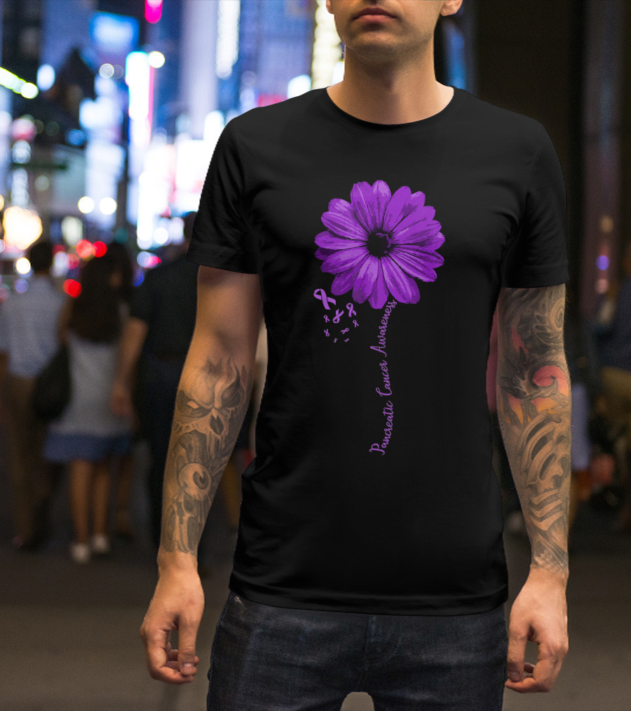 Pancreatic Cancer Awareness Purple Ribbon Purple Flower T-Shirt