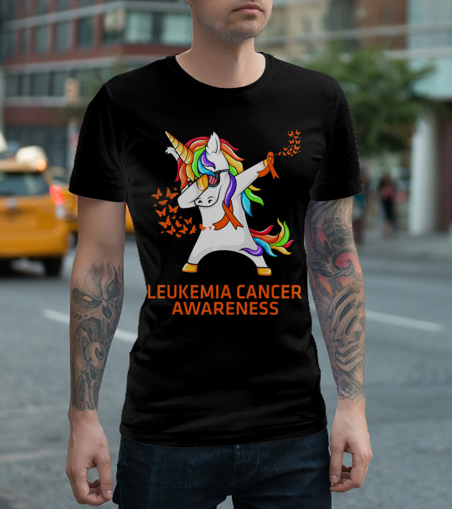 Leukemia Cancer Awareness Unicorn Dabbing With Rainbow Mane And Orange T-Shirt