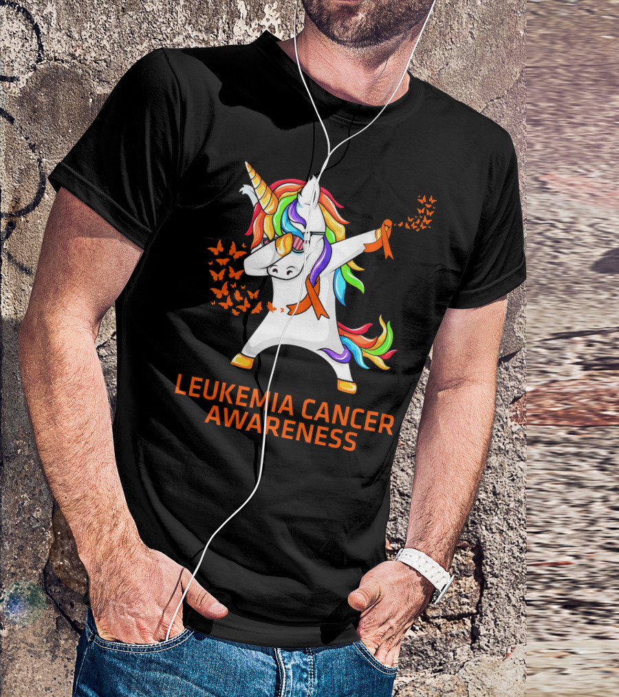 Leukemia Cancer Awareness Unicorn Dabbing With Rainbow Mane And Orange T-Shirt