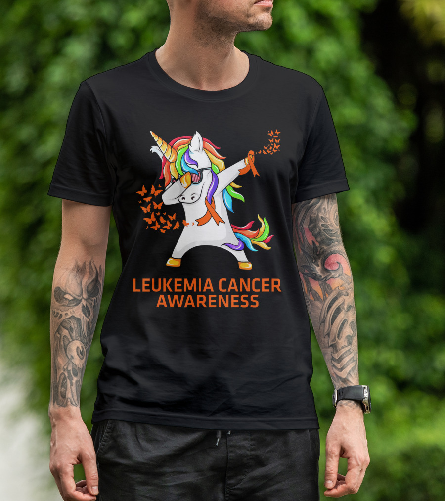 Leukemia Cancer Awareness Unicorn Dabbing With Rainbow Mane And Orange T-Shirt