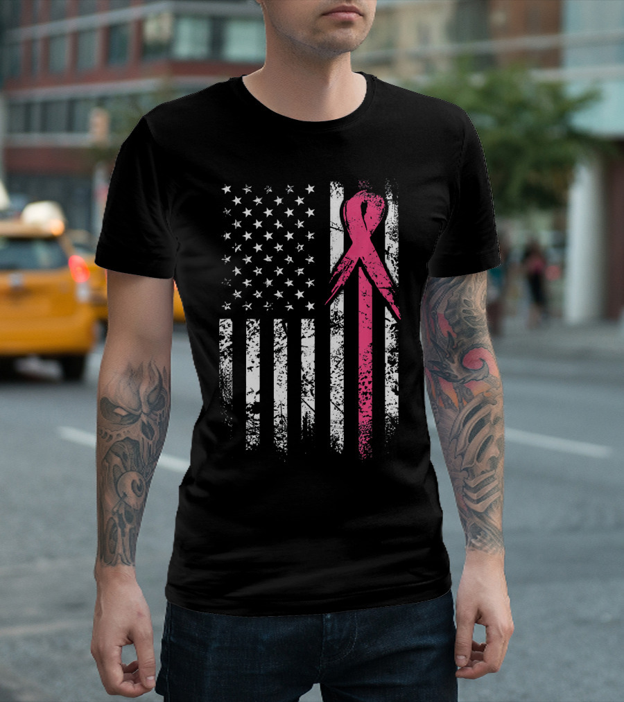 Breast Cancer Awareness American Flag Grunge T-Shirt