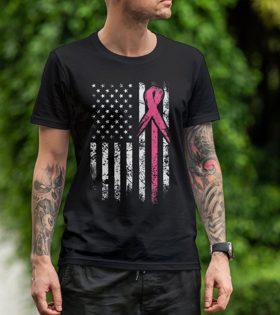 Breast Cancer Awareness American Flag Grunge T-Shirt