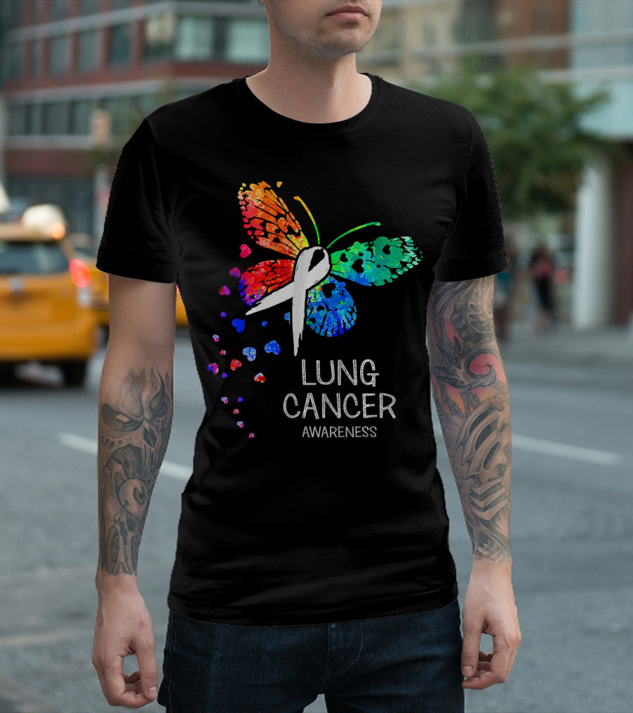 Lung Cancer Awareness Rainbow Butterfly T-Shirt