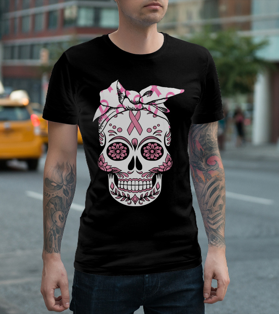 Day Of The Dead Skull With Pink Ribbon For Breast Cancer Awareness T-Shirt