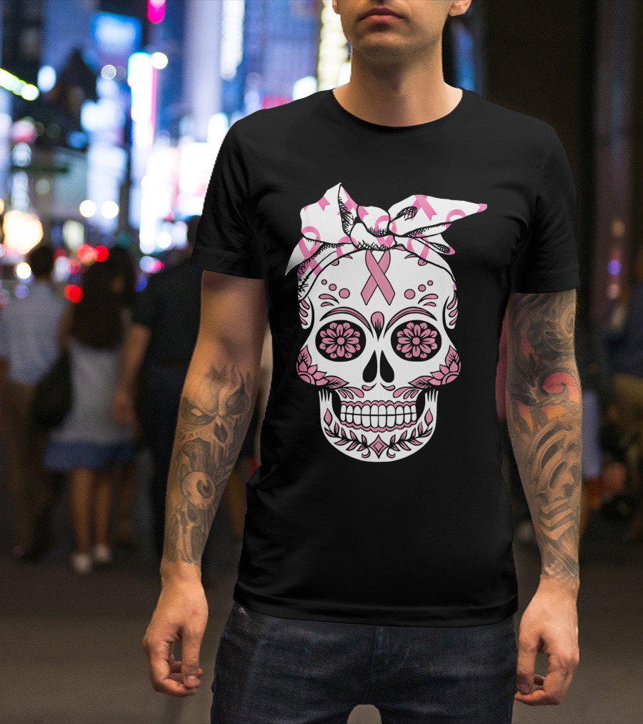 Day Of The Dead Skull With Pink Ribbon For Breast Cancer Awareness T-Shirt