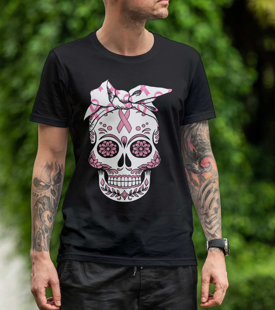 Day Of The Dead Skull With Pink Ribbon For Breast Cancer Awareness T-Shirt