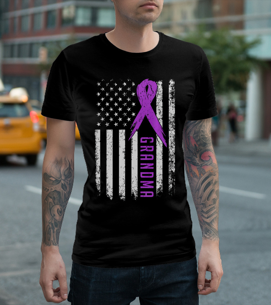 Grandma American Flag Purple Ribbon Pancreatic Cancer Awareness T-Shirt