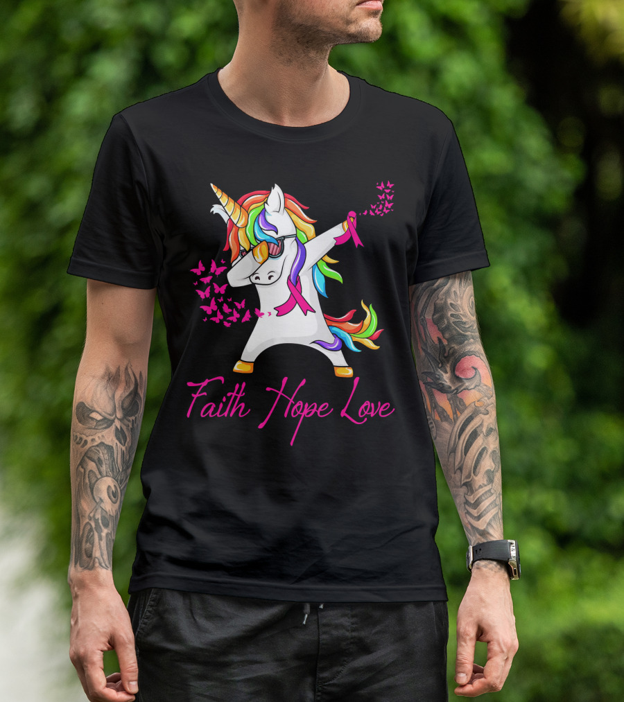 Faith Hope Love Pink Unicorn Breast Cancer Awareness T-Shirt