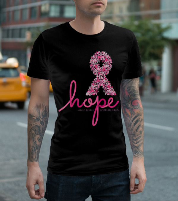 Hope Breast Cancer Awareness Month Pink Ribbon Floral T-Shirt