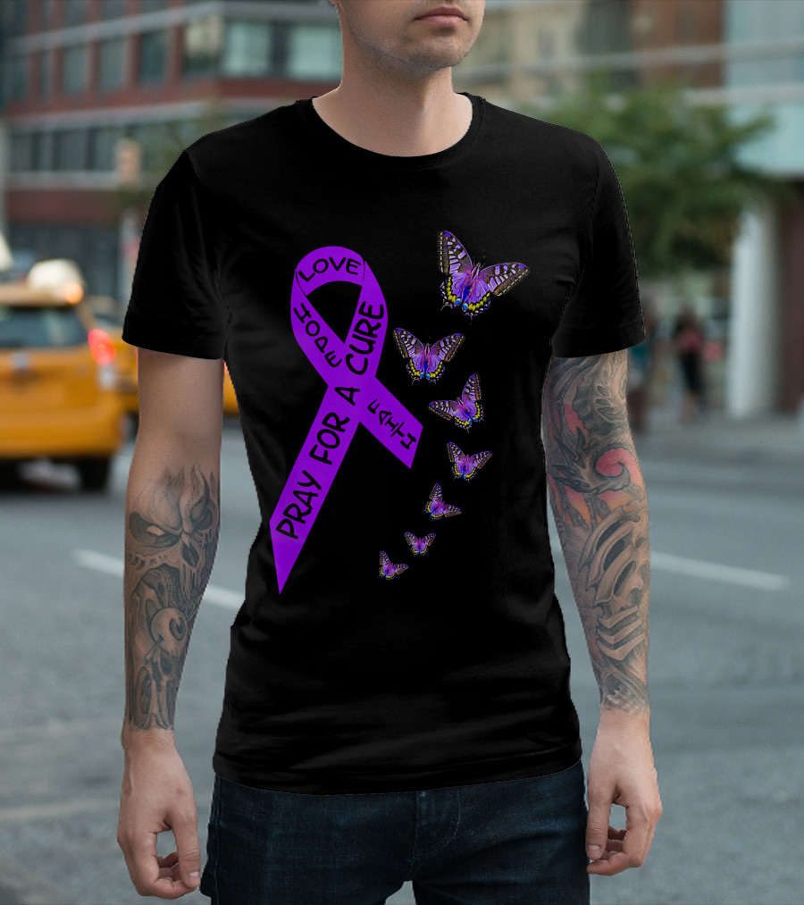 Pray for a Cure Love Hope Purple Ribbon Butterflies Pancreatic Cancer Awareness T-Shirt