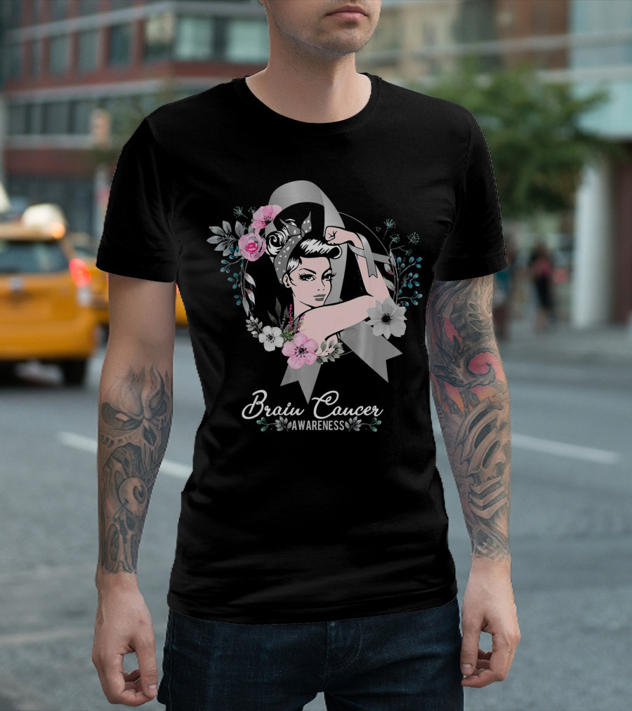 BRAIN CANCER AWARENESS Woman Gray Ribbon Floral T-Shirt