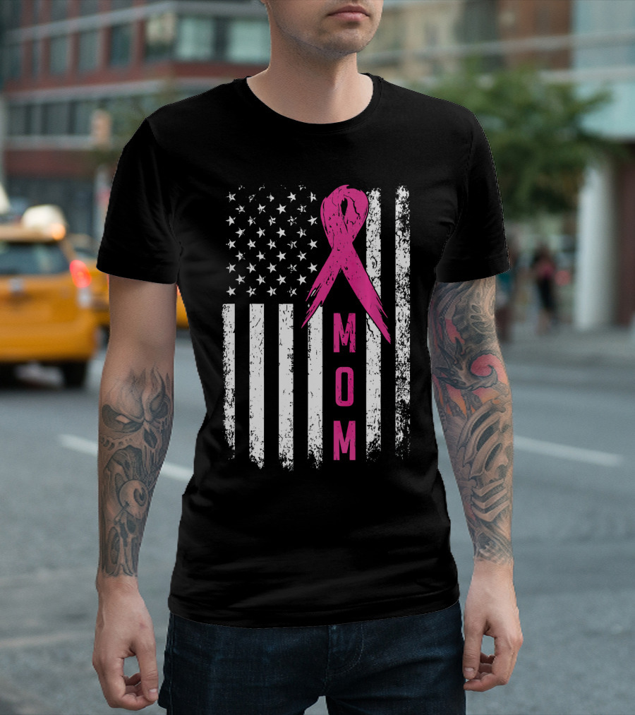 Mom Pink Ribbon American Flag Breast Cancer Awareness T-Shirt