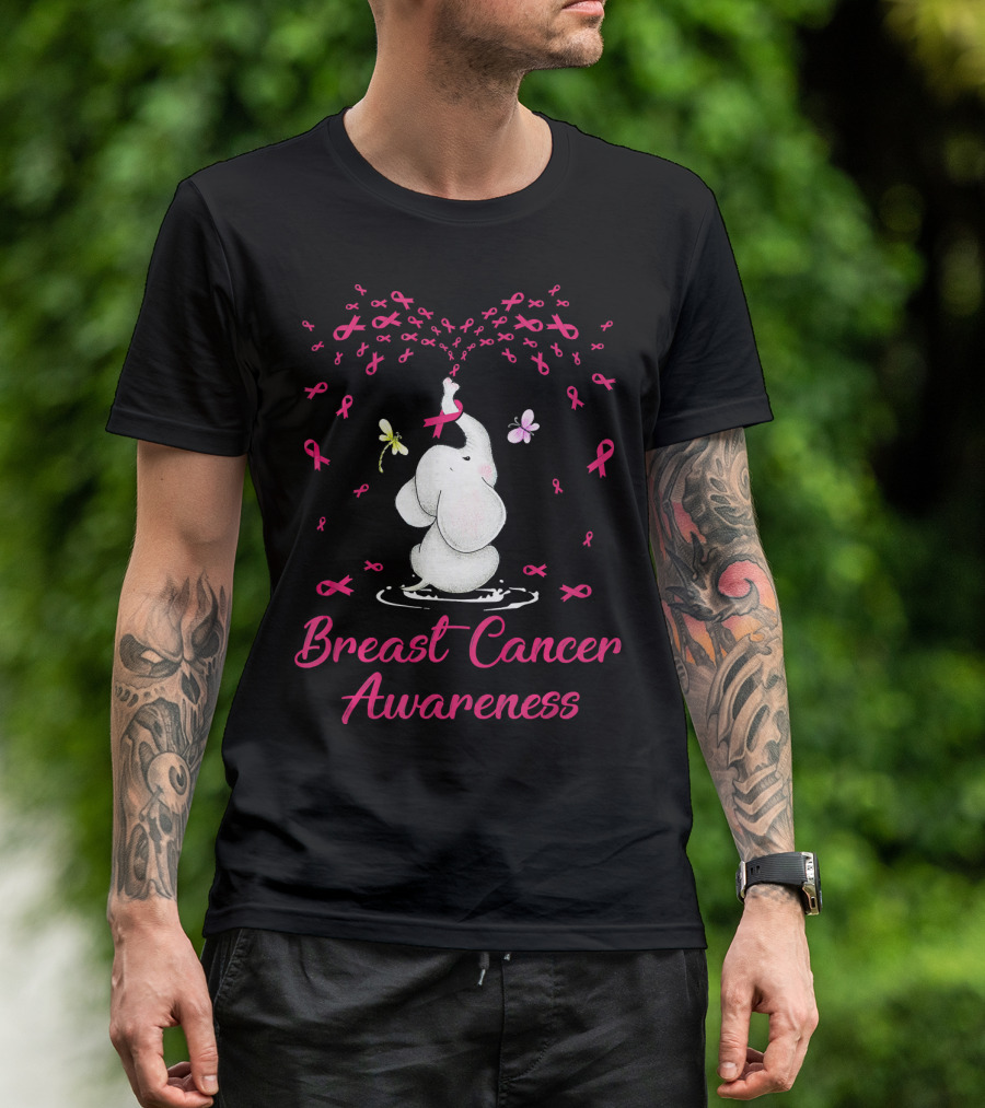 Elephant With Ribbon Breast Cancer Awareness With Butterflies And Ribbons T-Shirt