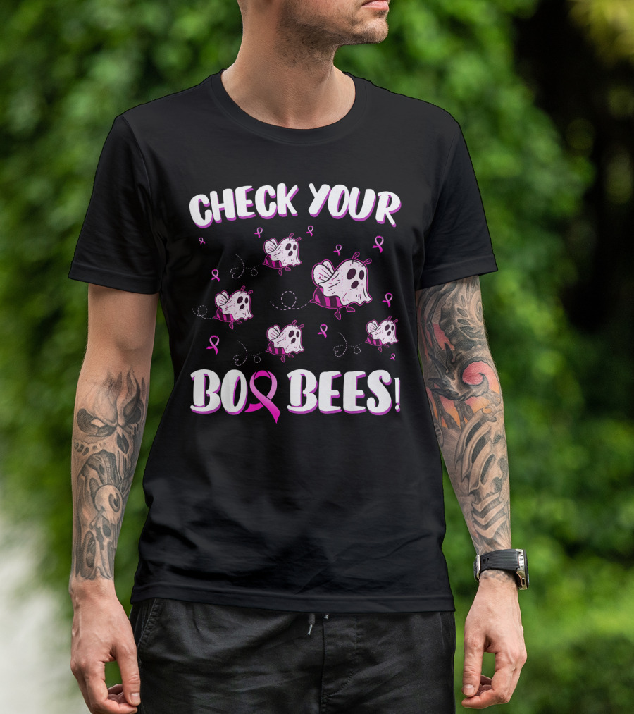 Check Your Boo Bees Breast Cancer Awareness Funny Ghost Bees T-Shirt