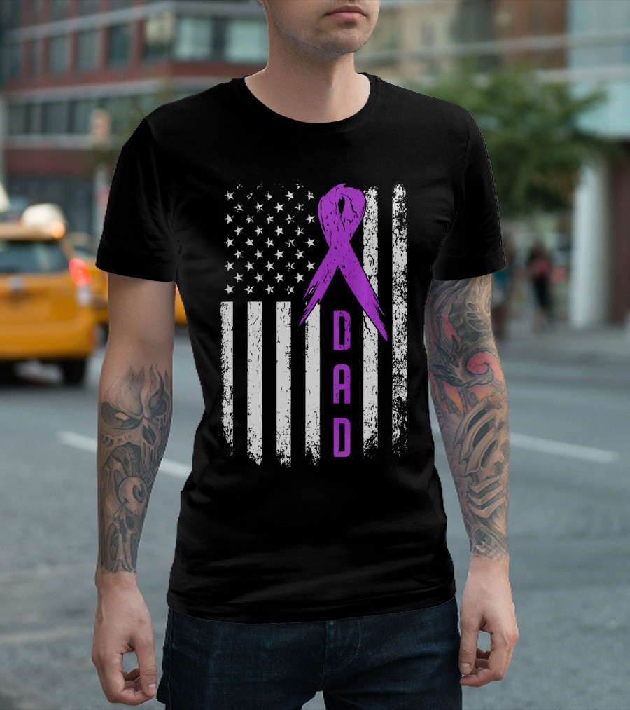 Dad American Flag Pancreatic Cancer Awareness Purple T-Shirt