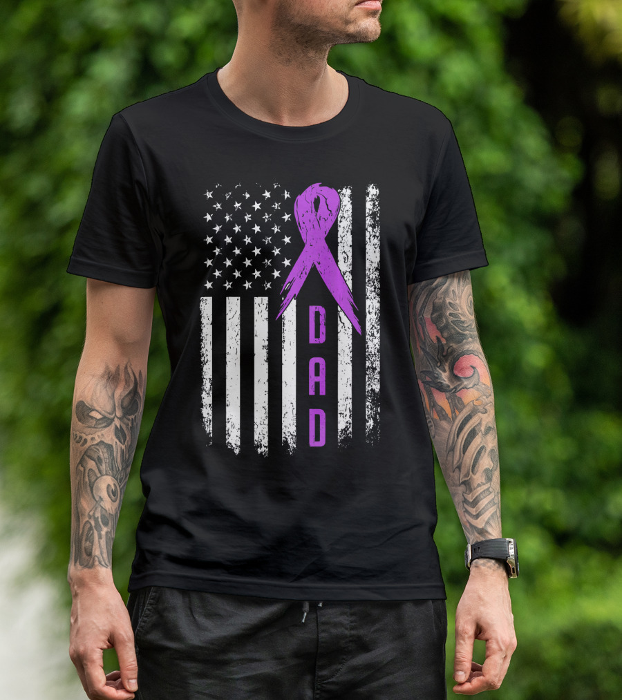 Dad American Flag Pancreatic Cancer Awareness Purple T-Shirt