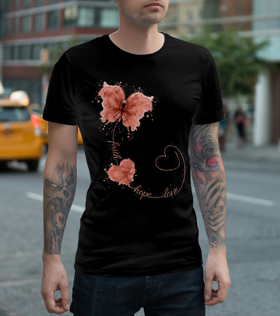 Faith Hope Love Butterfly Ribbon Uterine Cancer Awareness T-Shirt