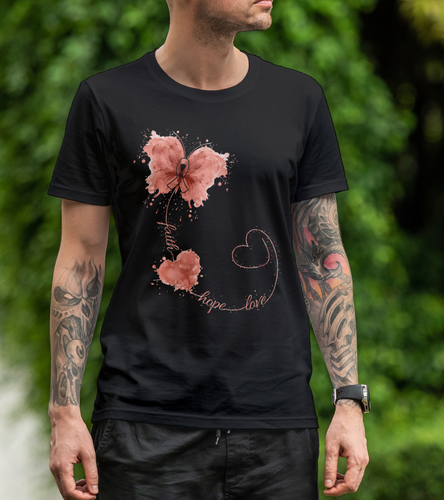 Faith Hope Love Butterfly Ribbon Uterine Cancer Awareness T-Shirt