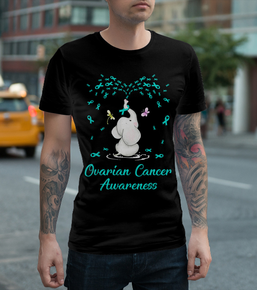 Ovarian Cancer Awareness Elephant With Ribbon And Butterflies T-Shirt