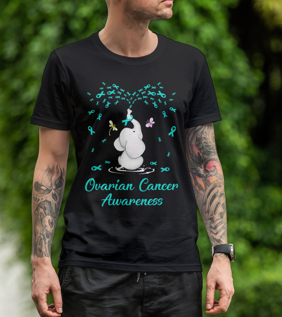 Ovarian Cancer Awareness Elephant With Ribbon And Butterflies T-Shirt