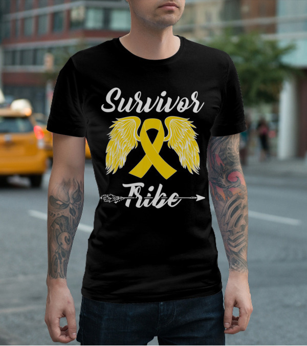 Survivor Tribe Childhood Cancer Awareness Yellow Ribbon Wings T-Shirt