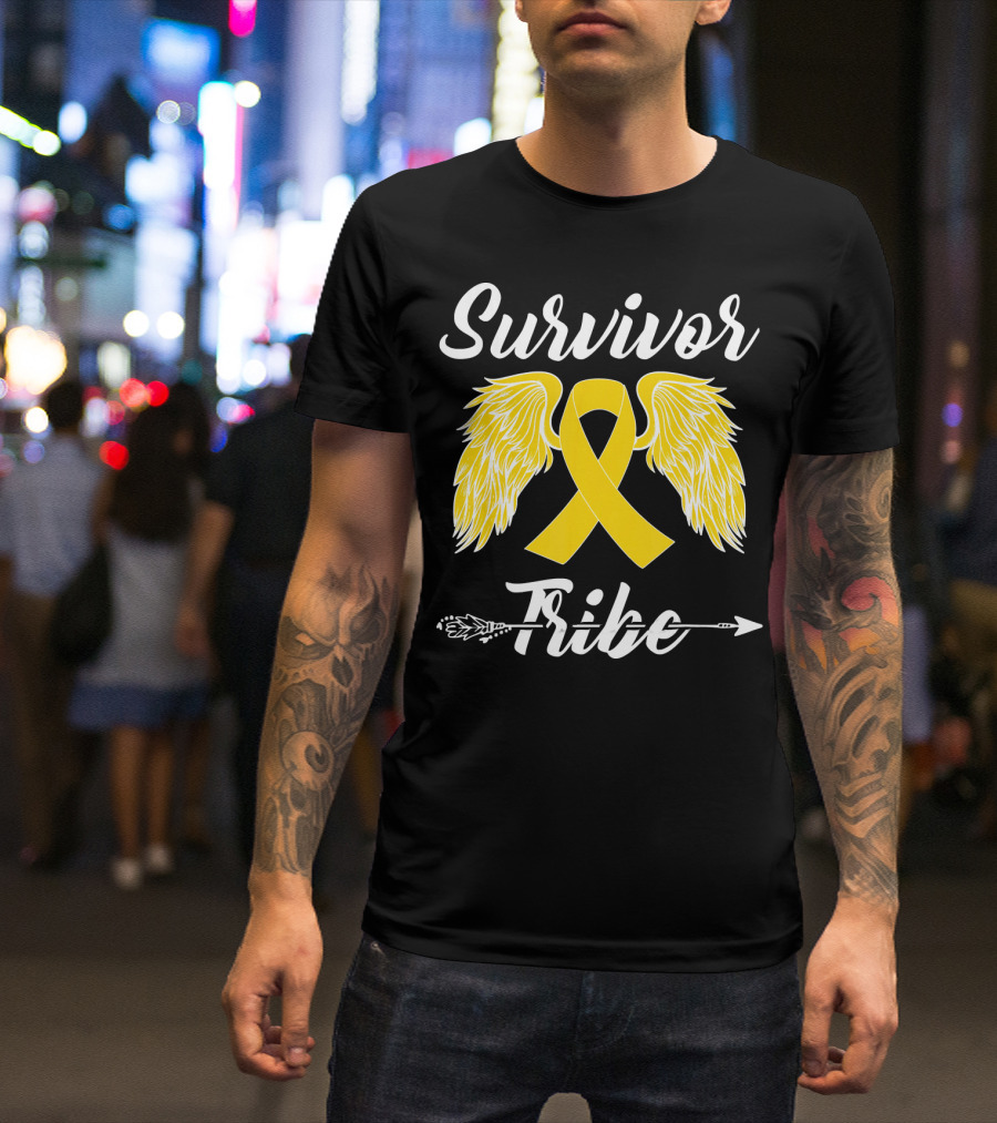Survivor Tribe Childhood Cancer Awareness Yellow Ribbon Wings T-Shirt