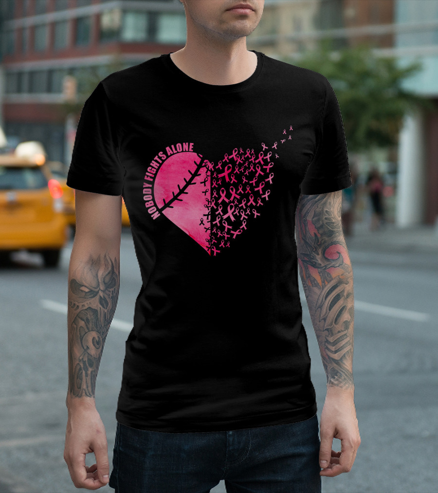 Nobody Fights Alone Heart Pink Ribbons Baseball Softball T-Shirt