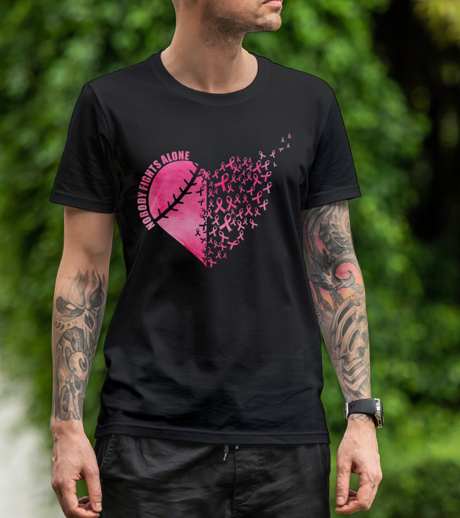 Nobody Fights Alone Heart Pink Ribbons Baseball Softball T-Shirt