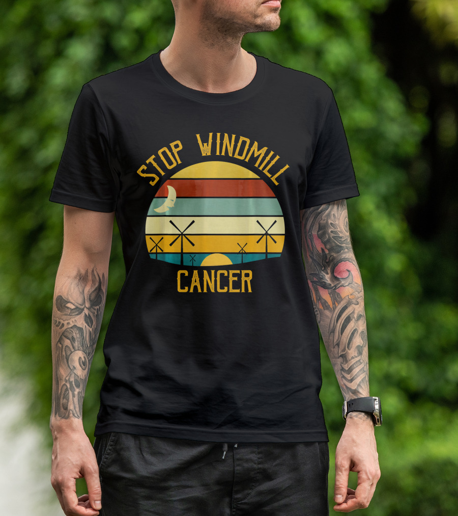 Stop Windmill Cancer Awareness Moon Sunset Stripes T-Shirt