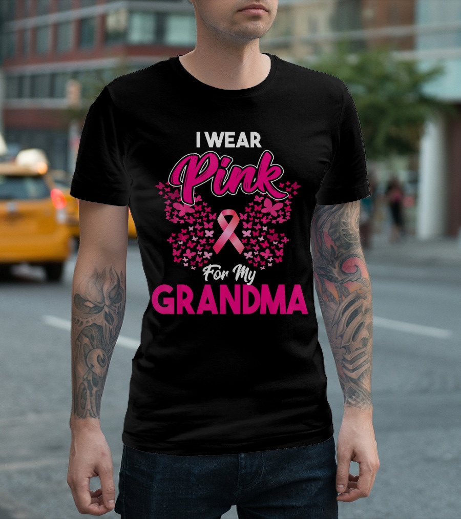 I Wear Pink For My Grandma Breast Cancer Awareness Month Ribbon Butterfly T-Shirt