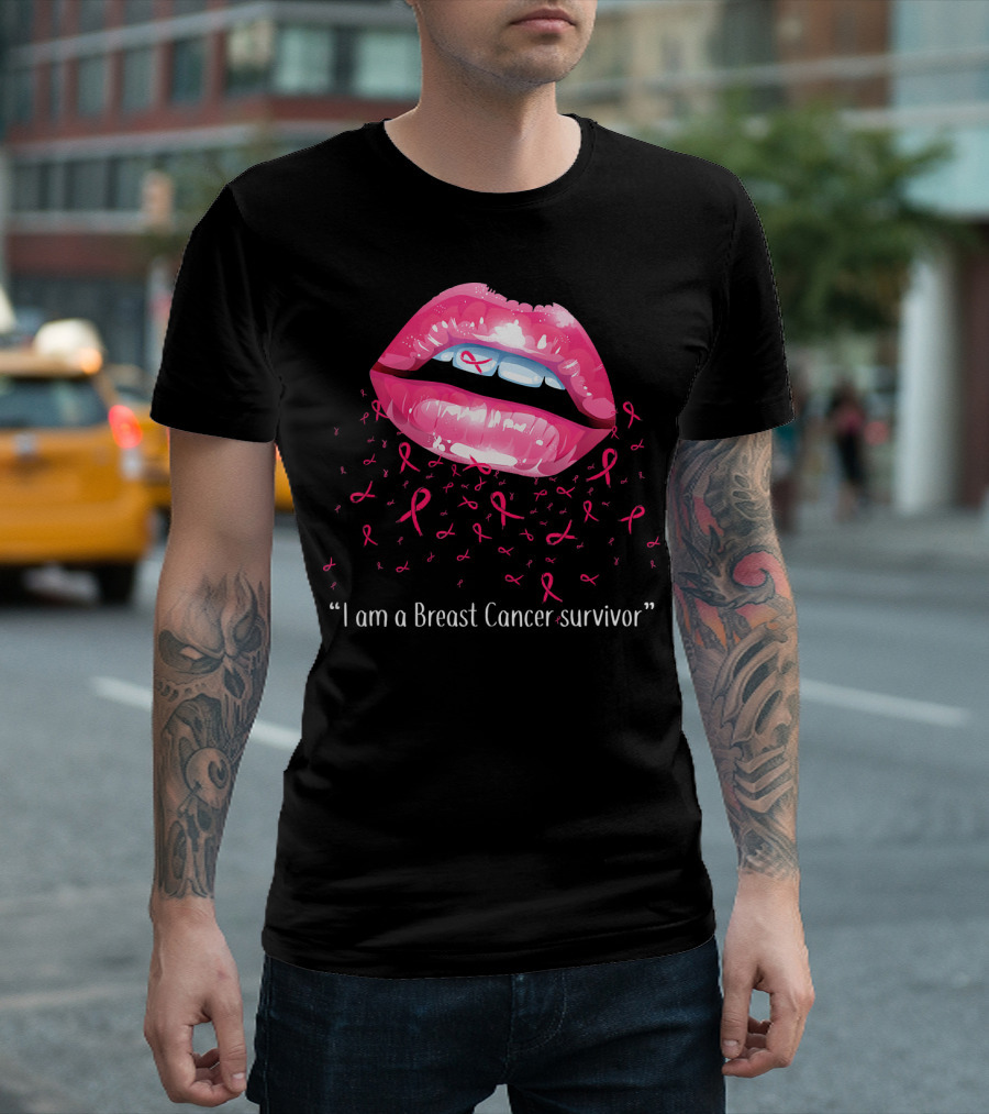 I Am A Breast Cancer Survivor Pink Ribbon Lips T-Shirt