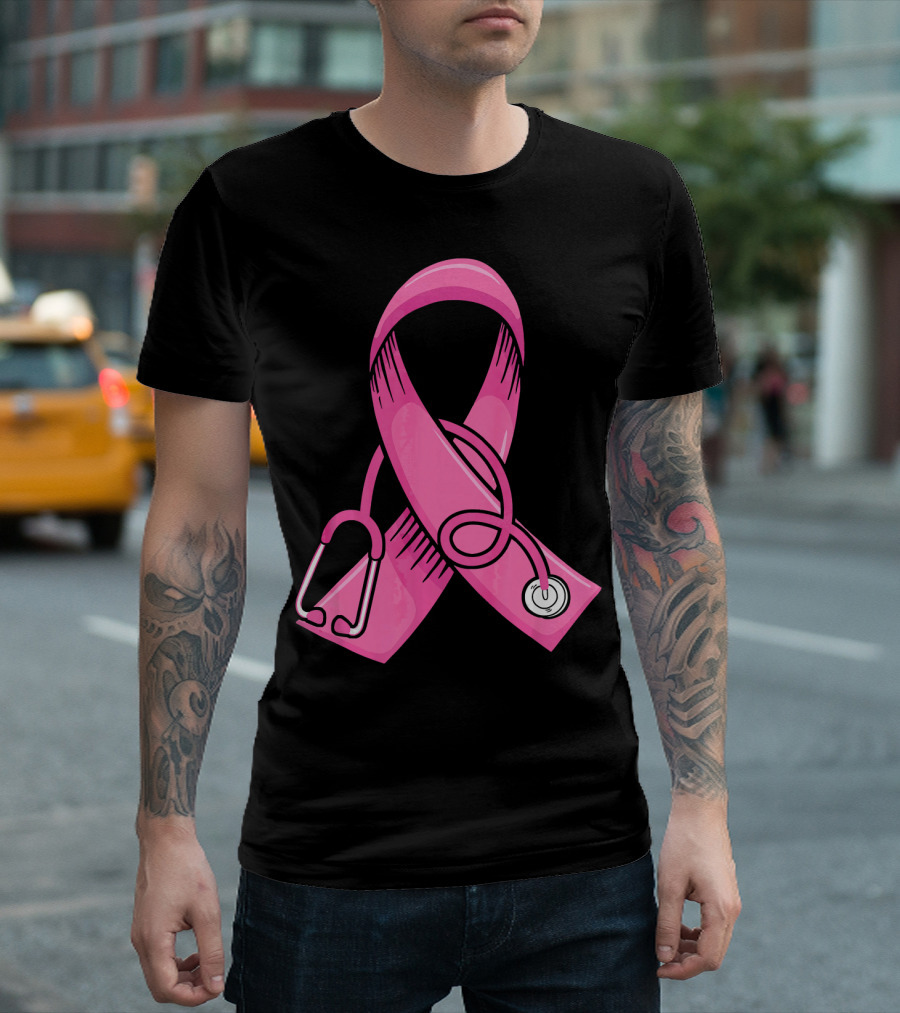 Pink Ribbon Heartbeat Nurse Doctor Breast Cancer Awareness Stethoscope T-Shirt