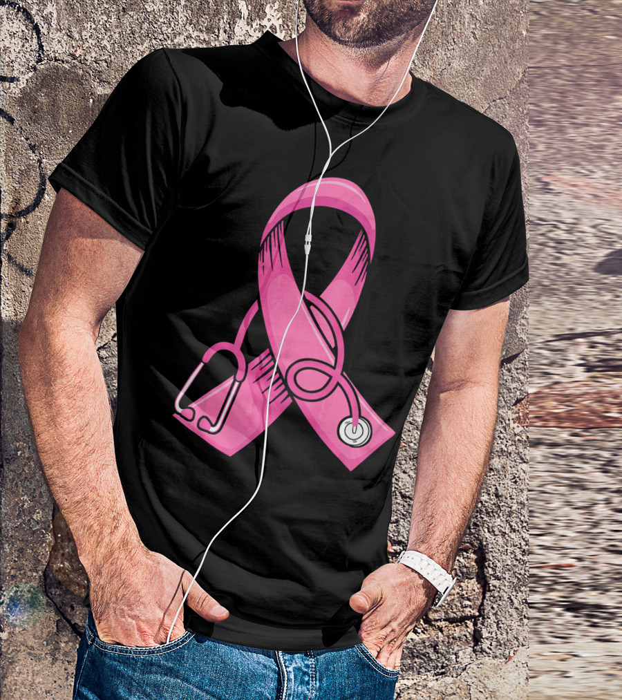 Pink Ribbon Heartbeat Nurse Doctor Breast Cancer Awareness Stethoscope T-Shirt