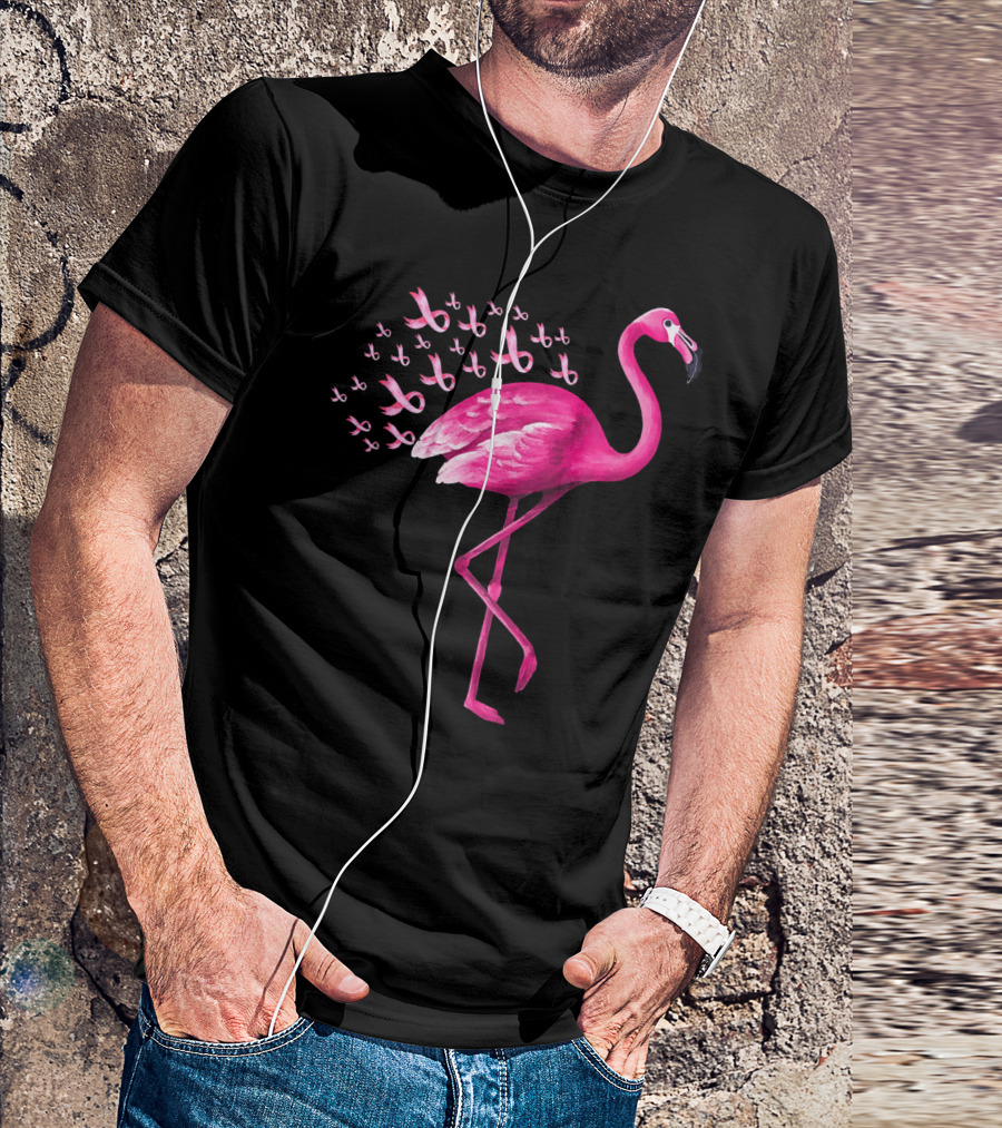Pink Flamingo With Breast Cancer Awareness Ribbons T-Shirt