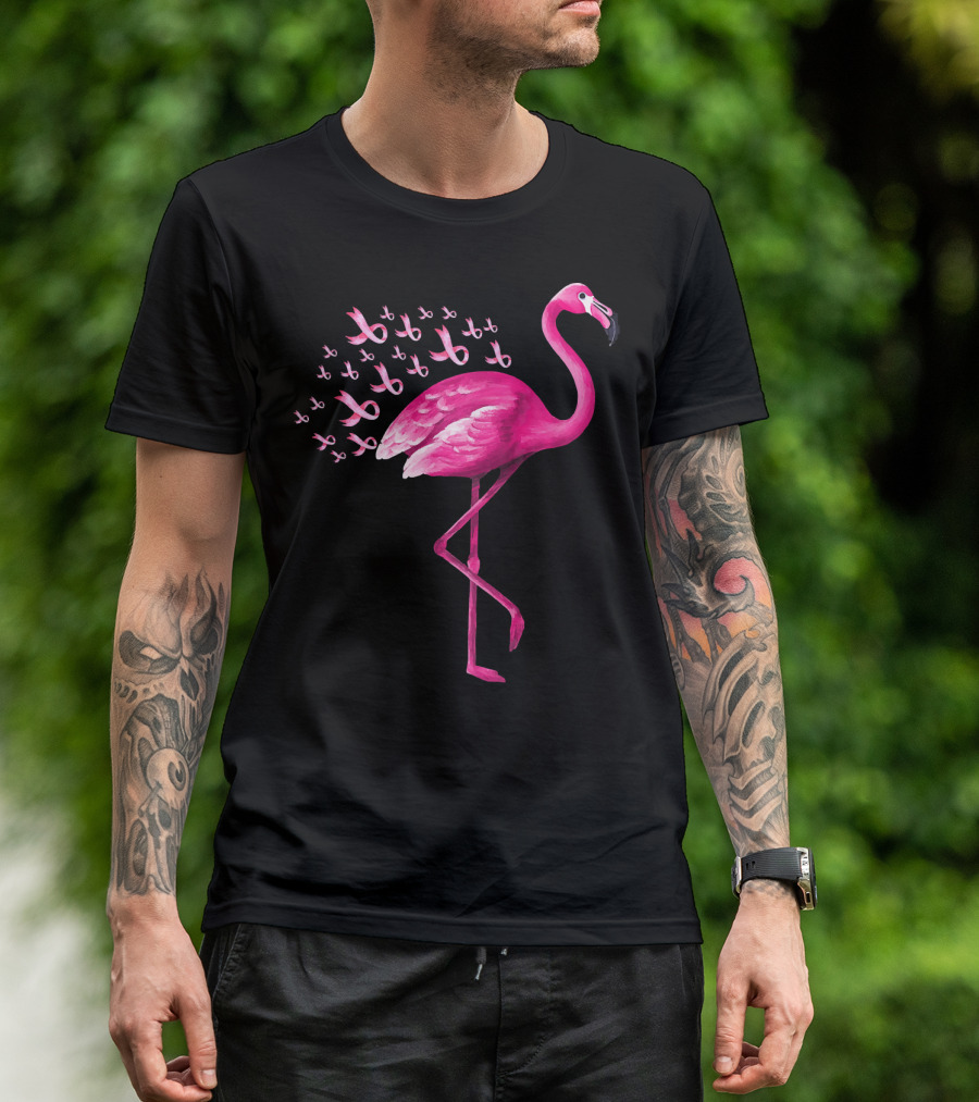 Pink Flamingo With Breast Cancer Awareness Ribbons T-Shirt