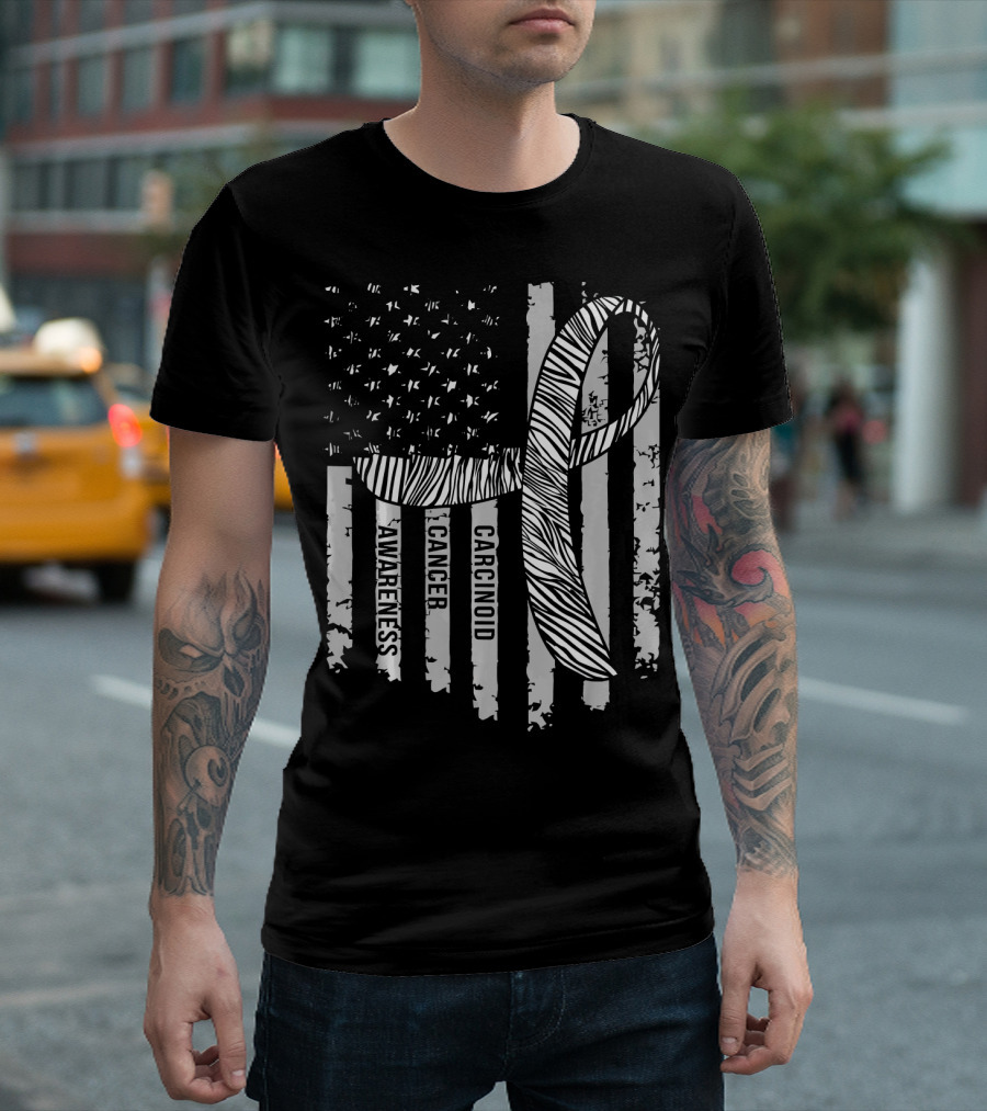 Zebra Ribbon Carcinoid Cancer Awareness American Flag Support T-Shirt