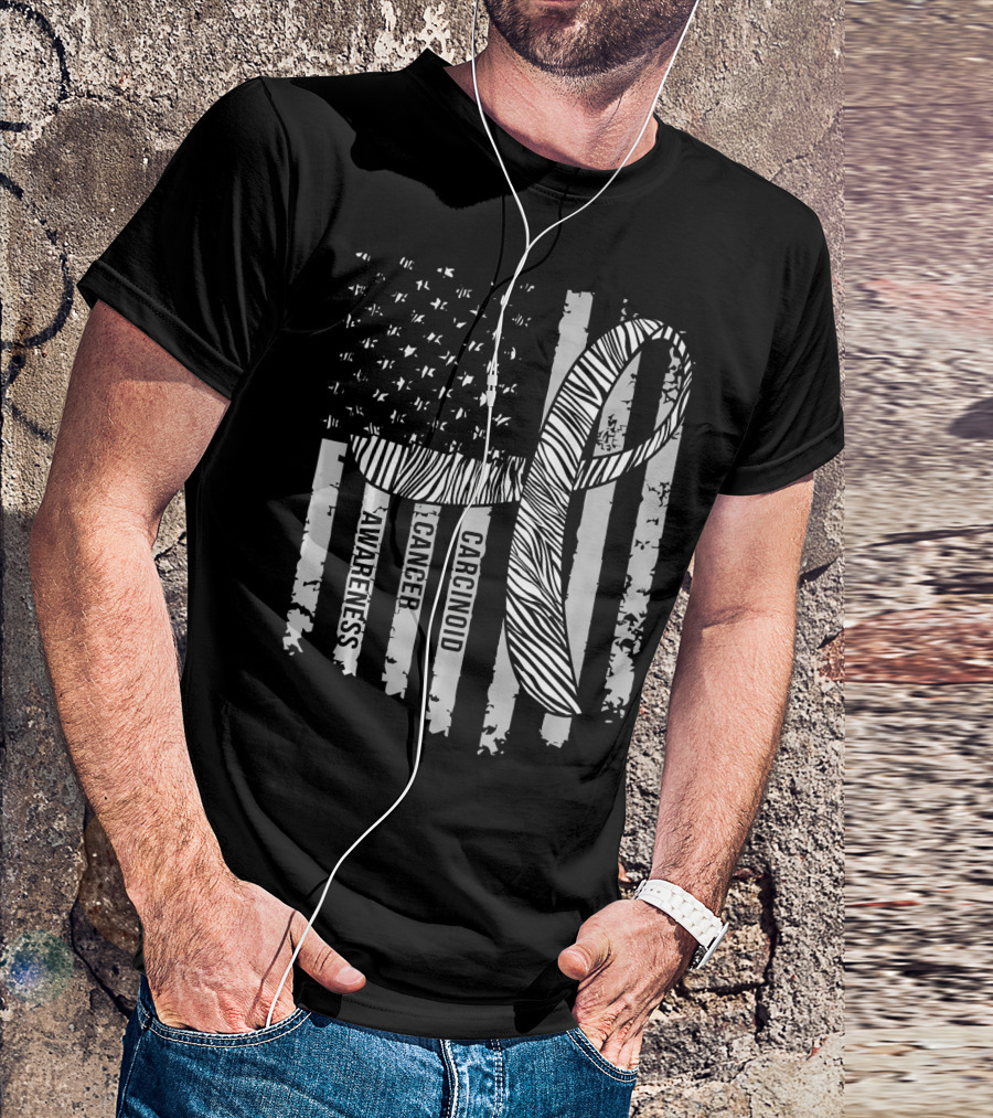 Zebra Ribbon Carcinoid Cancer Awareness American Flag Support T-Shirt