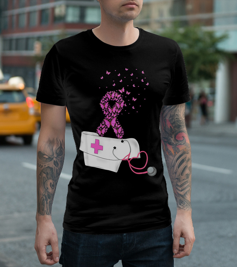 Breast Cancer Awareness Pink Butterfly Ribbon Nurse Doctor Stethoscope Hat T-Shirt