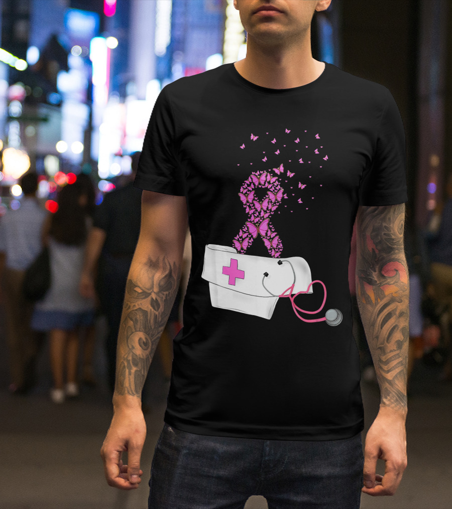 Breast Cancer Awareness Pink Butterfly Ribbon Nurse Doctor Stethoscope Hat T-Shirt