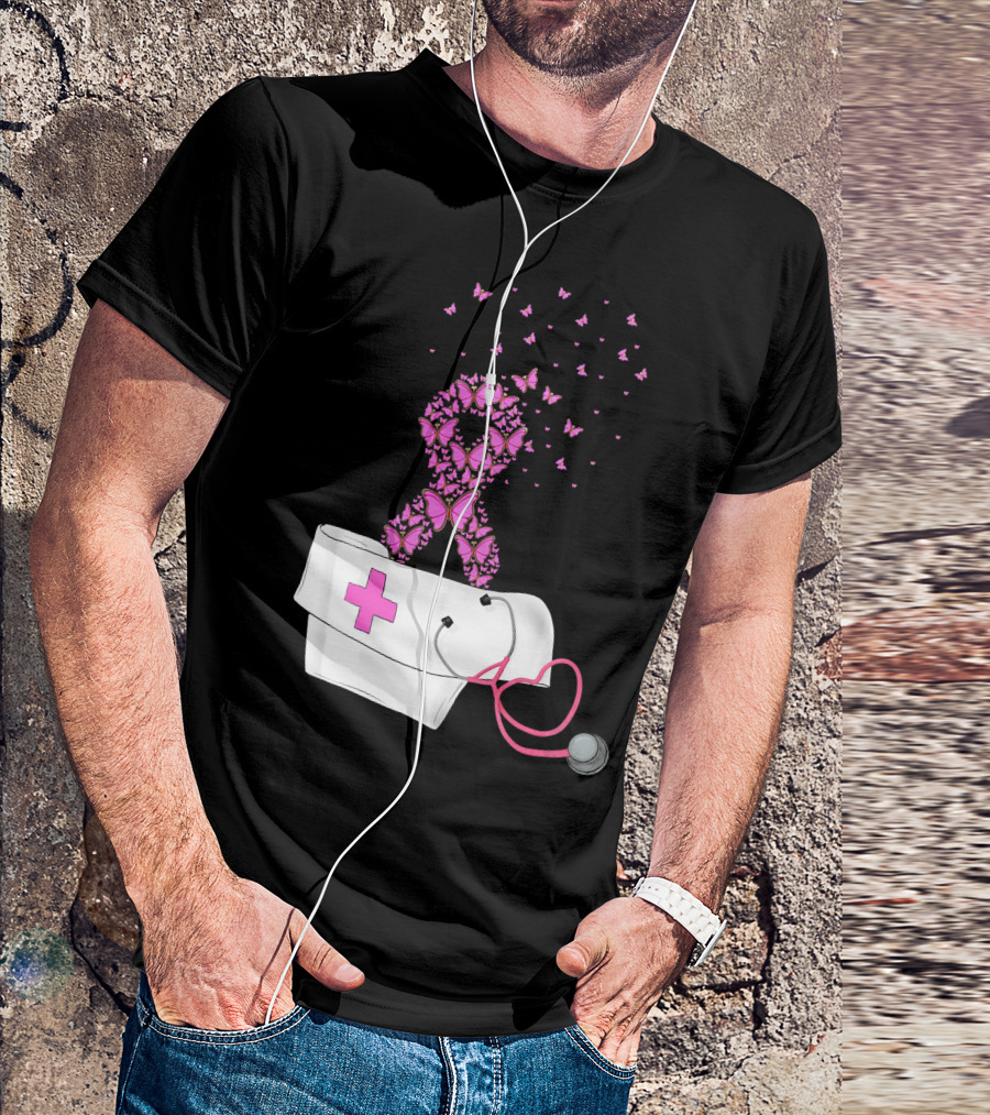 Breast Cancer Awareness Pink Butterfly Ribbon Nurse Doctor Stethoscope Hat T-Shirt