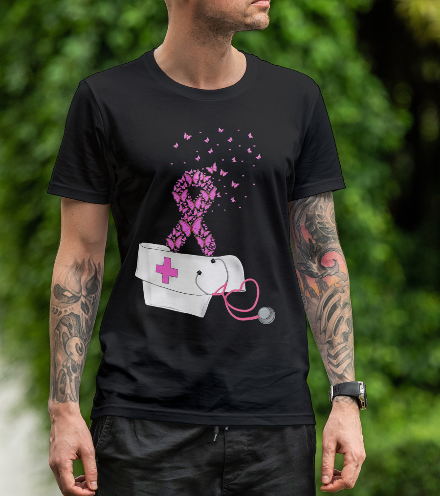 Breast Cancer Awareness Pink Butterfly Ribbon Nurse Doctor Stethoscope Hat T-Shirt