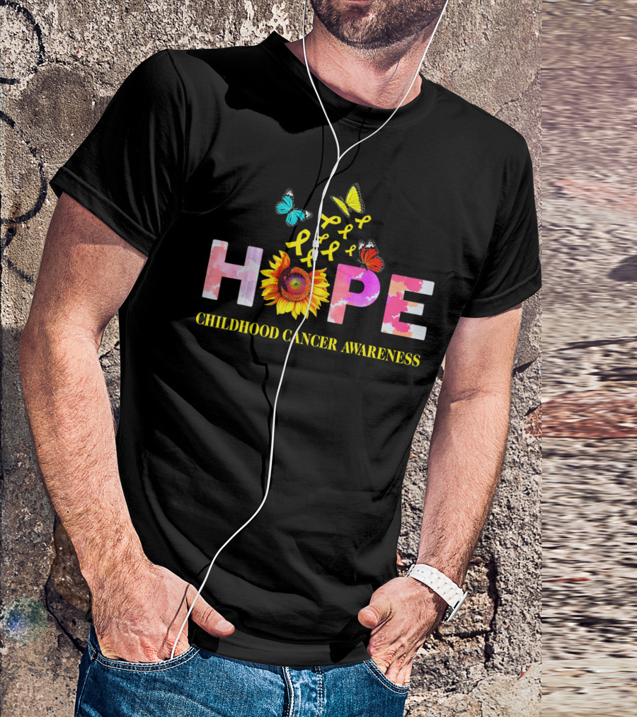 HOPE Childhood Cancer Awareness Yellow Ribbon Butterflies Sunflower T-Shirt