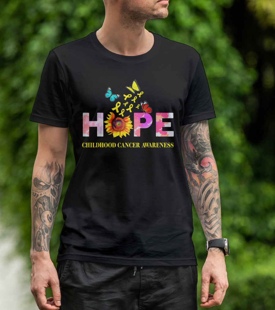 HOPE Childhood Cancer Awareness Yellow Ribbon Butterflies Sunflower T-Shirt