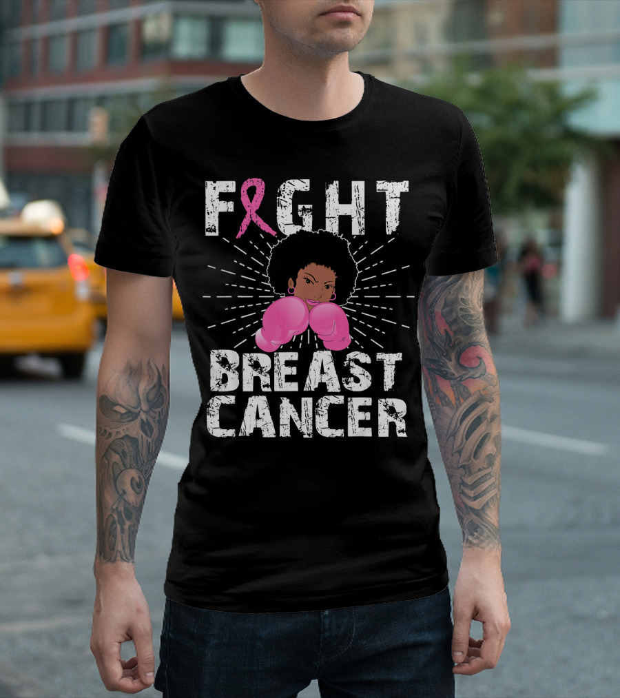 FIGHT Breast Cancer Pink Ribbon Afro Woman Boxing Gloves T-Shirt