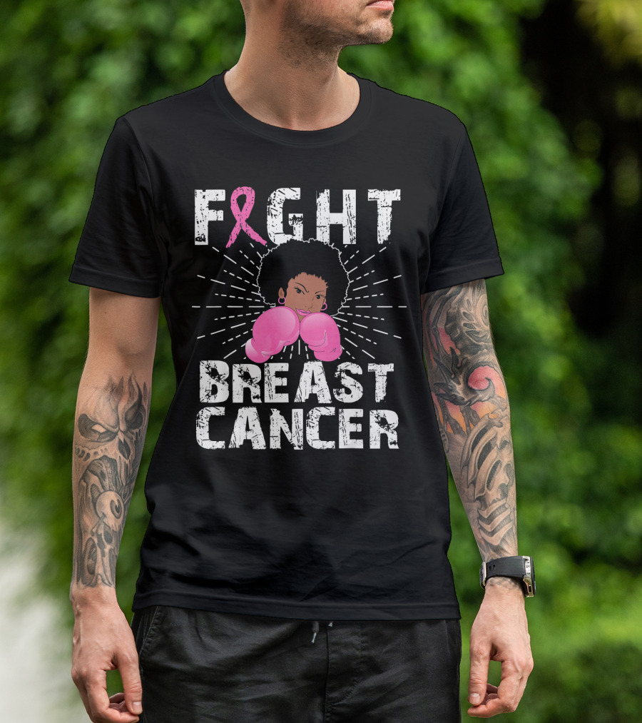 FIGHT Breast Cancer Pink Ribbon Afro Woman Boxing Gloves T-Shirt