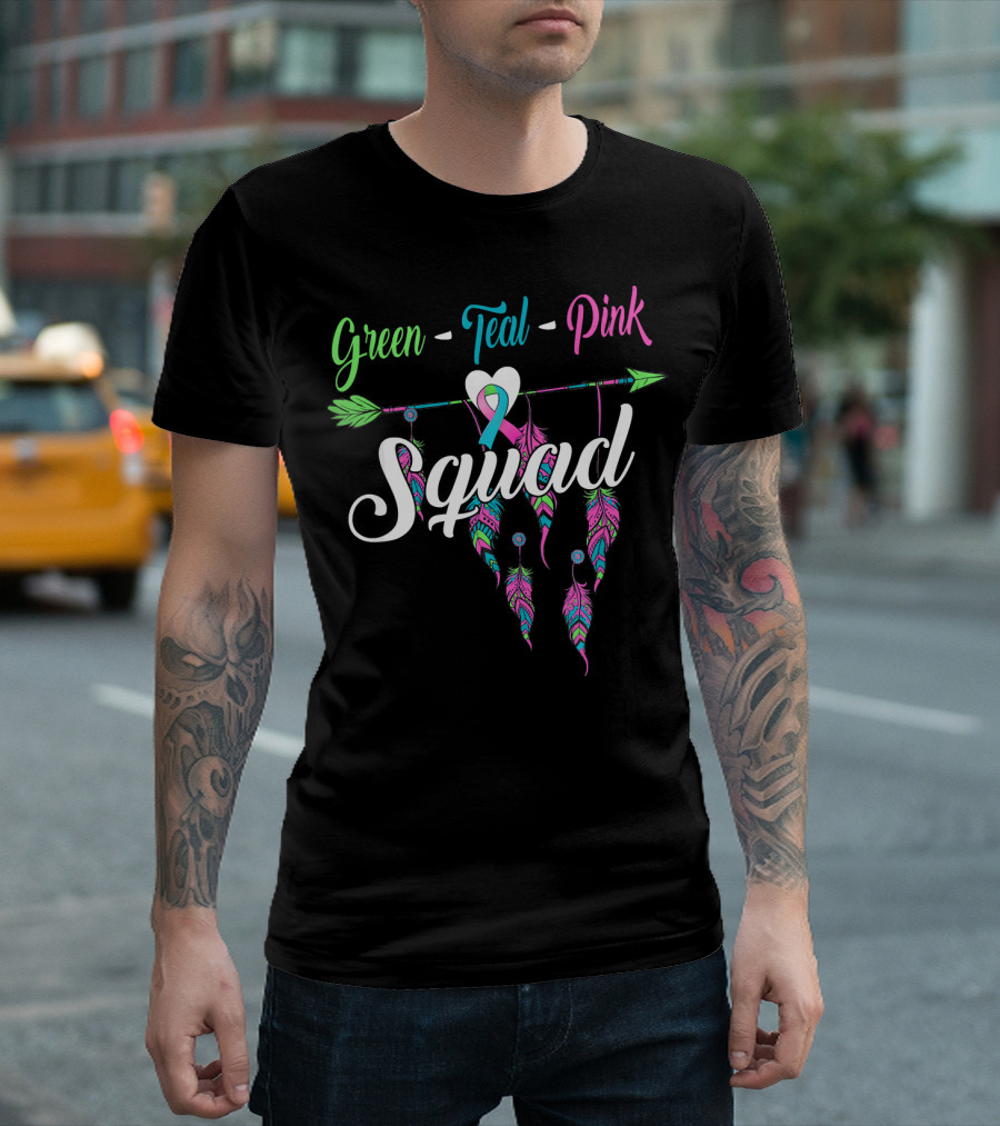 Green Teal Pink Ribbon Arrow Heart Feather Squad T-Shirt